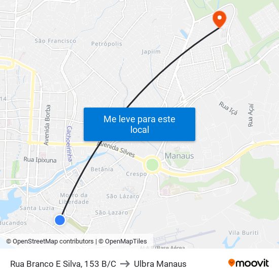 Rua Branco E Silva, 153 B/C to Ulbra Manaus map