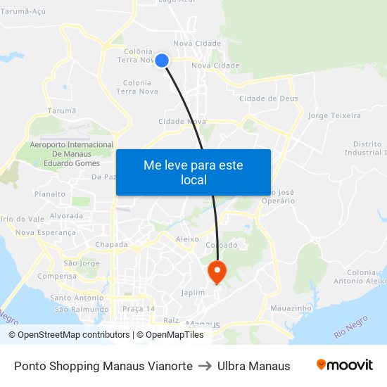 Ponto Shopping Manaus Vianorte to Ulbra Manaus map