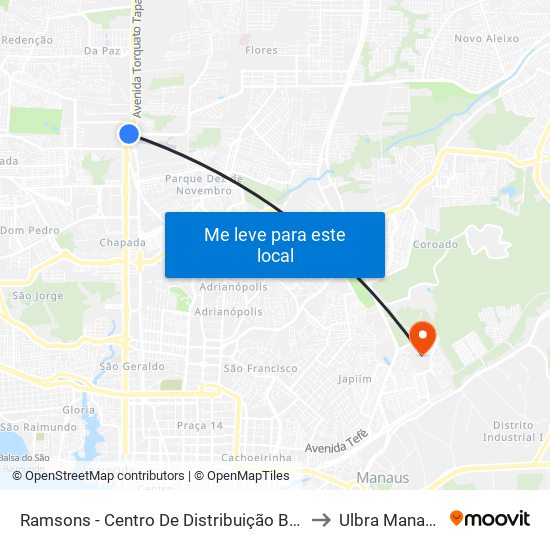 Ramsons - Centro De Distribuição B/C to Ulbra Manaus map