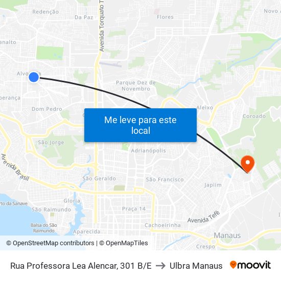 Rua Professora Lea Alencar, 301 B/E to Ulbra Manaus map