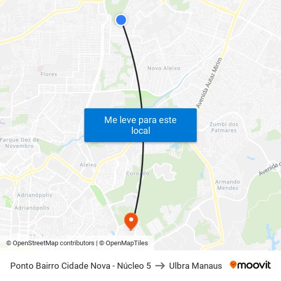 Ponto Bairro Cidade Nova - Núcleo 5 to Ulbra Manaus map