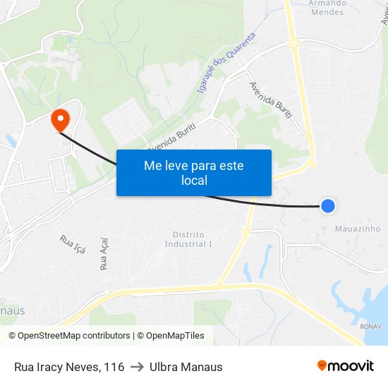Rua Iracy Neves, 116 to Ulbra Manaus map