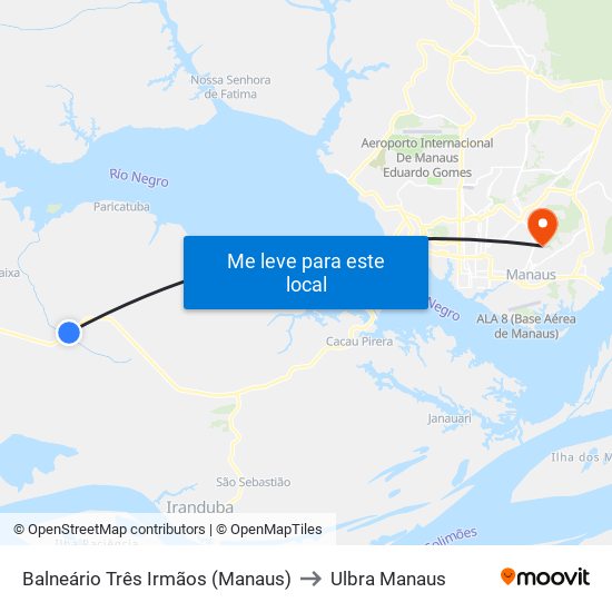 Balneário Três Irmãos (Manaus) to Ulbra Manaus map