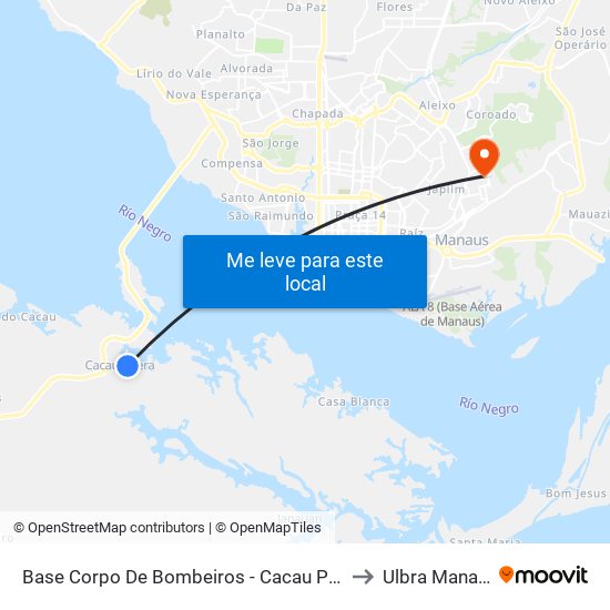 Base Corpo De Bombeiros - Cacau Pirêra to Ulbra Manaus map