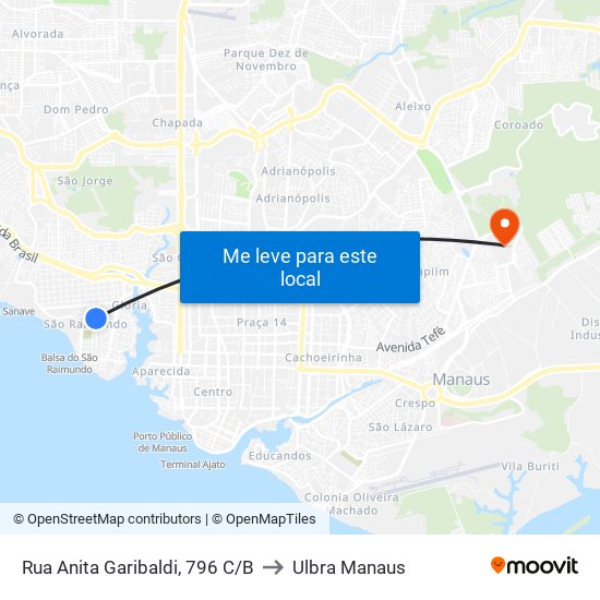 Rua Anita Garibaldi, 796 C/B to Ulbra Manaus map