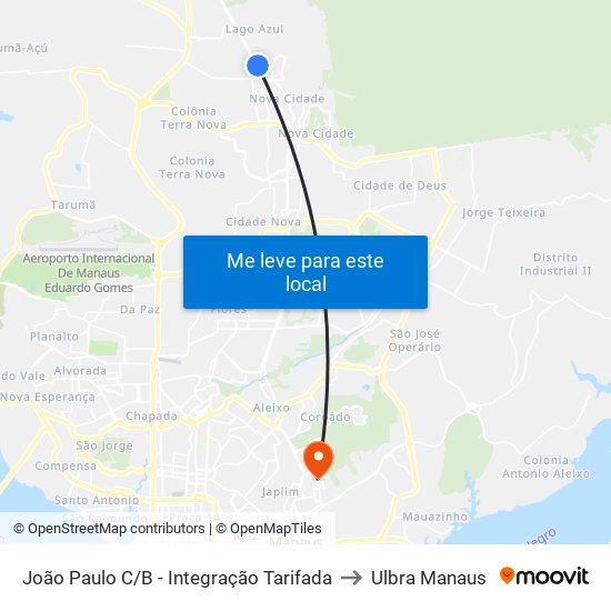 João Paulo C/B - Integração Tarifada to Ulbra Manaus map