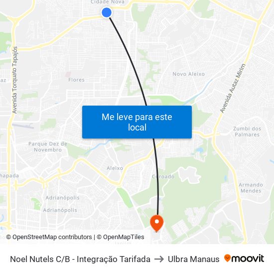 Noel Nutels C/B - Integração Tarifada to Ulbra Manaus map