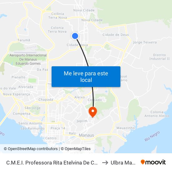 C.M.E.I. Professora Rita Etelvina De Cássia B/C to Ulbra Manaus map