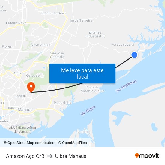 Amazon Aço C/B to Ulbra Manaus map