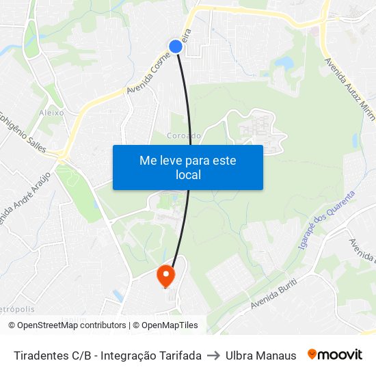 Tiradentes C/B - Integração Tarifada to Ulbra Manaus map