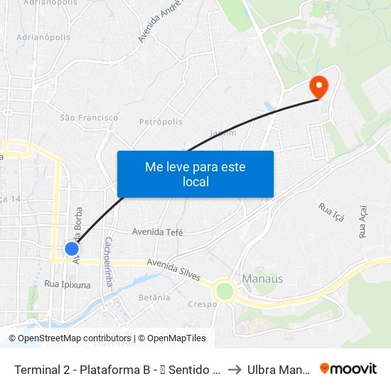 Terminal 2 - Plataforma B - ➑ Sentido Bairro to Ulbra Manaus map