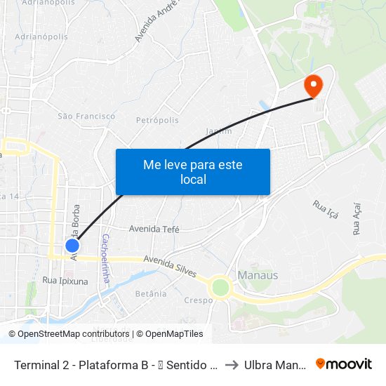 Terminal 2 - Plataforma B - ➐ Sentido Bairro to Ulbra Manaus map