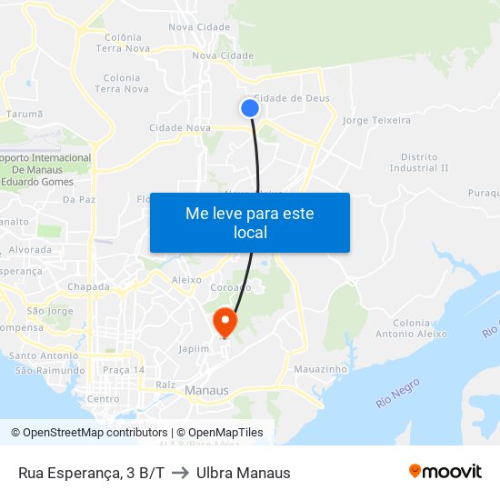 Rua Esperança, 3 B/T to Ulbra Manaus map