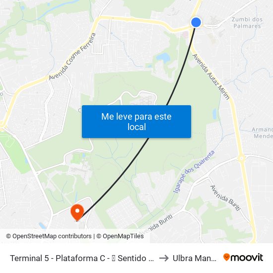 Terminal 5 - Plataforma C - ⓮ Sentido Bairro to Ulbra Manaus map