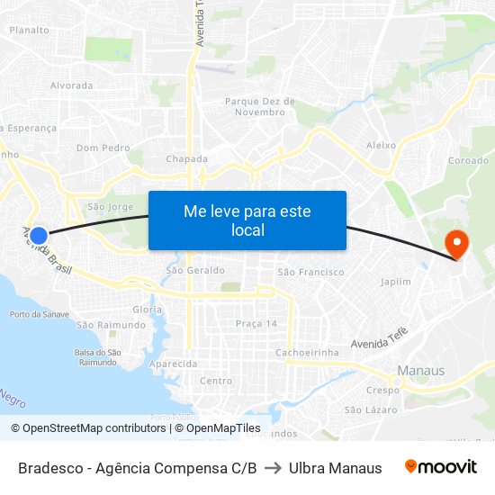 Bradesco - Agência Compensa C/B to Ulbra Manaus map