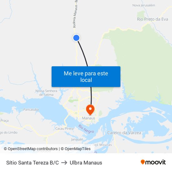 Sítio Santa Tereza B/C to Ulbra Manaus map