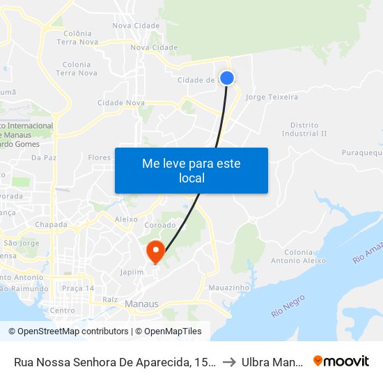 Rua Nossa Senhora De Aparecida, 157 B/T to Ulbra Manaus map