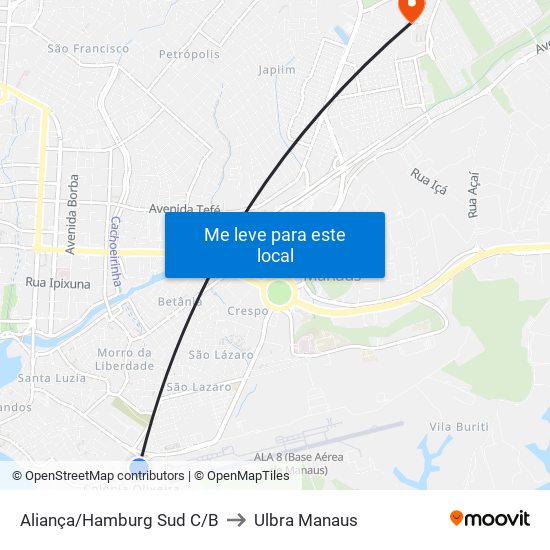 Aliança/Hamburg Sud C/B to Ulbra Manaus map