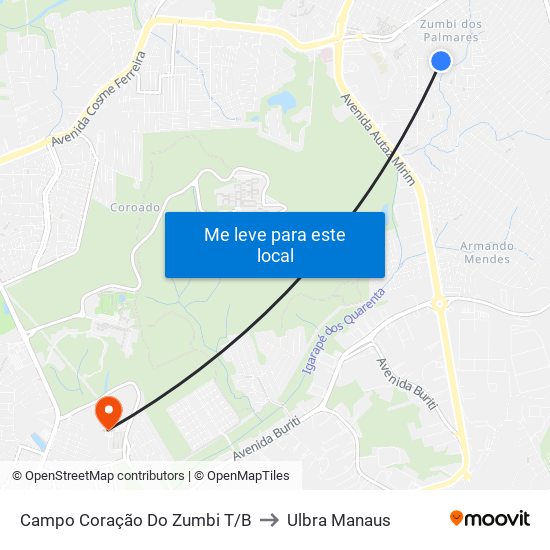 Campo Coração Do Zumbi T/B to Ulbra Manaus map