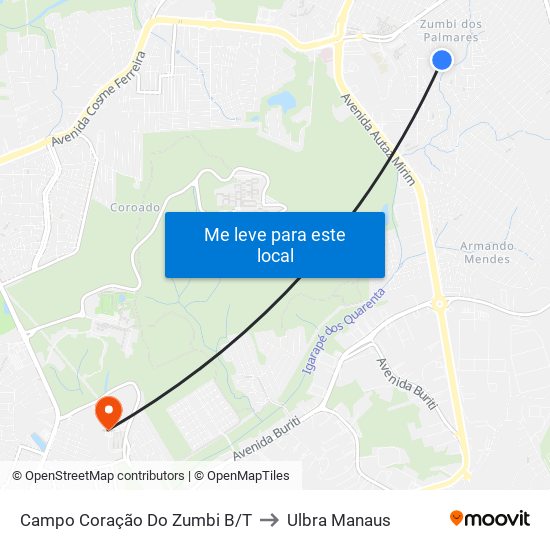 Campo Coração Do Zumbi B/T to Ulbra Manaus map