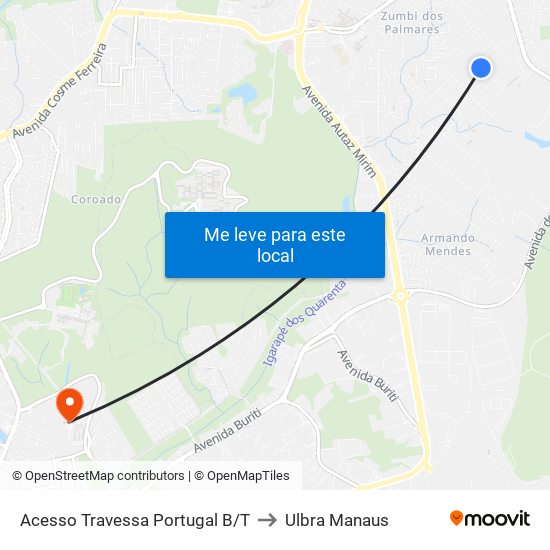Acesso Travessa Portugal B/T to Ulbra Manaus map