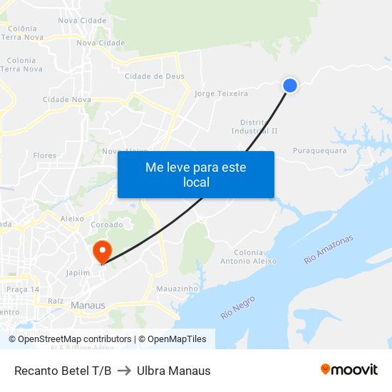 Recanto Betel T/B to Ulbra Manaus map