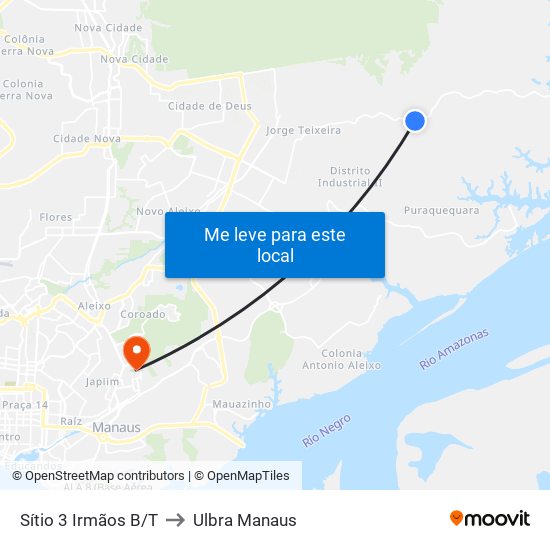 Sítio 3 Irmãos B/T to Ulbra Manaus map