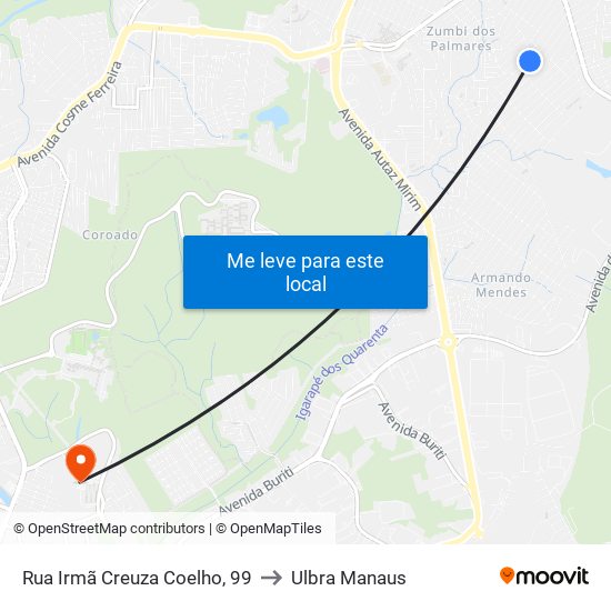 Rua Irmã Creuza Coelho, 99 to Ulbra Manaus map