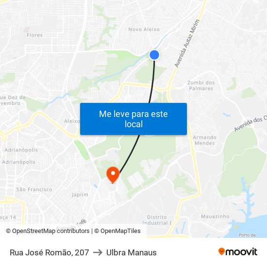 Rua José Romão, 207 to Ulbra Manaus map