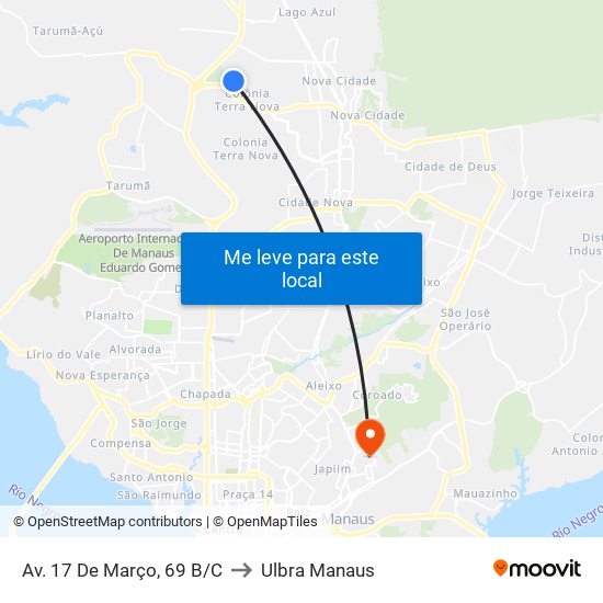 Av. 17 De Março, 69 B/C to Ulbra Manaus map