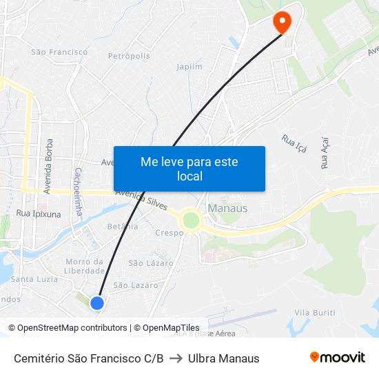 Cemitério São Francisco C/B to Ulbra Manaus map
