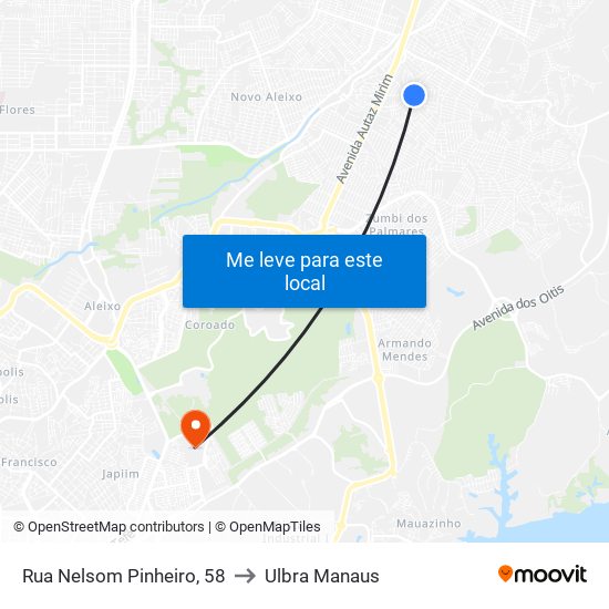 Rua Nelsom Pinheiro, 58 to Ulbra Manaus map
