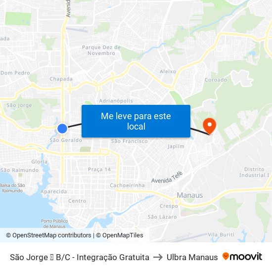 São Jorge ➋ B/C - Integração Gratuita to Ulbra Manaus map