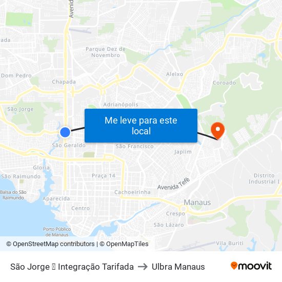 São Jorge ➎ Integração Tarifada to Ulbra Manaus map
