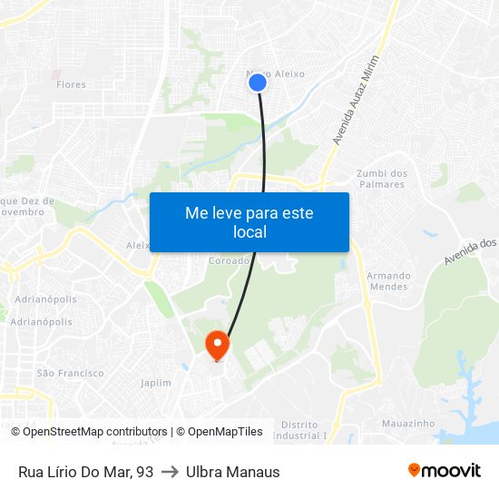 Rua Lírio Do Mar, 93 to Ulbra Manaus map