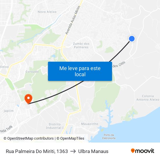 Rua Palmeira Do Miriti, 1363 to Ulbra Manaus map