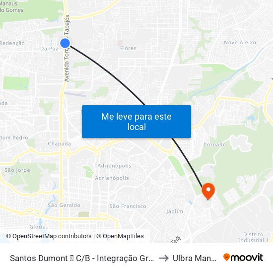 Santos Dumont ➓ C/B - Integração Gratuita to Ulbra Manaus map