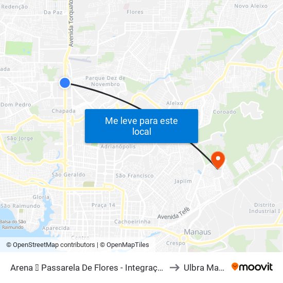 Arena ➏ Passarela De Flores - Integração Gratuita to Ulbra Manaus map
