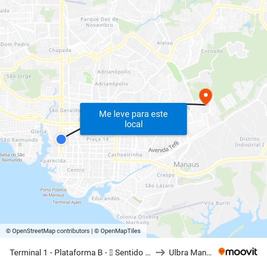 Terminal 1 - Plataforma B - ⓬ Sentido Bairro to Ulbra Manaus map
