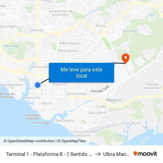Terminal 1 - Plataforma B - ⓯ Sentido Bairro to Ulbra Manaus map