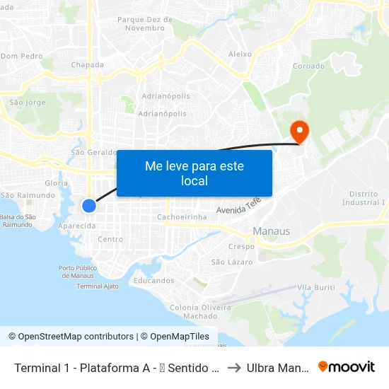 Terminal 1 - Plataforma A - ➐ Sentido Centro to Ulbra Manaus map