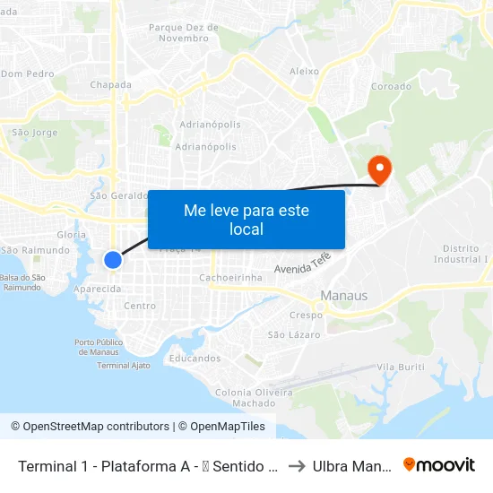 Terminal 1 - Plataforma A - ➋ Sentido Centro to Ulbra Manaus map