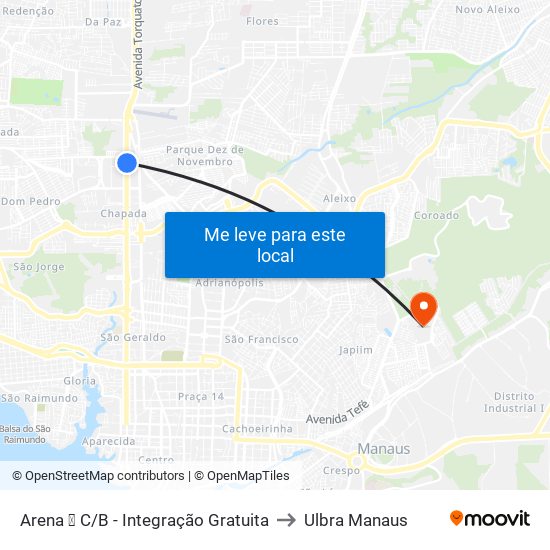 Arena ➐ C/B - Integração Gratuita to Ulbra Manaus map