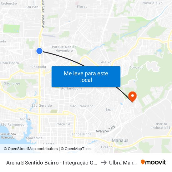 Arena ➌ Sentido Bairro - Integração Gratuita to Ulbra Manaus map
