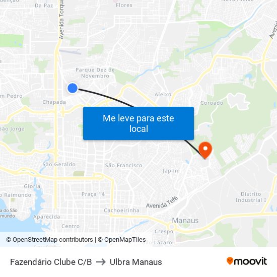 Fazendário Clube C/B to Ulbra Manaus map