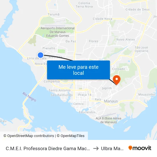 C.M.E.I. Professora Diedre Gama Machado B/C to Ulbra Manaus map