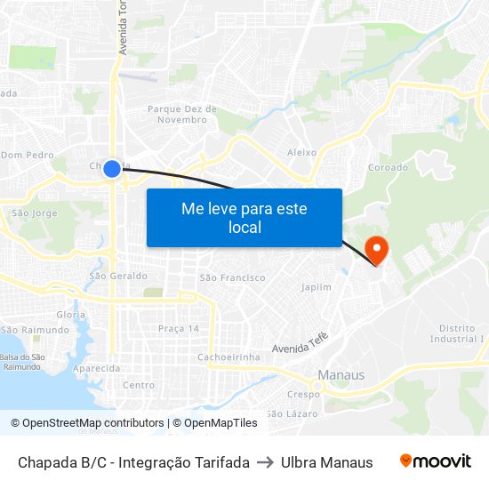 Chapada B/C - Integração Tarifada to Ulbra Manaus map