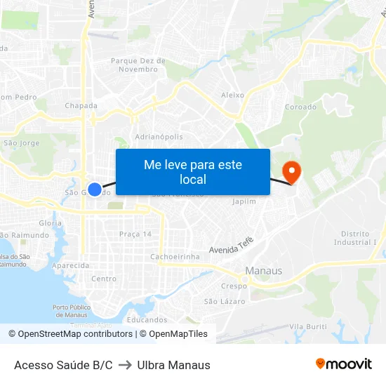 Acesso Saúde B/C to Ulbra Manaus map