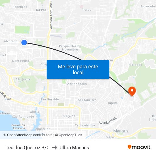Tecidos Queiroz B/C to Ulbra Manaus map