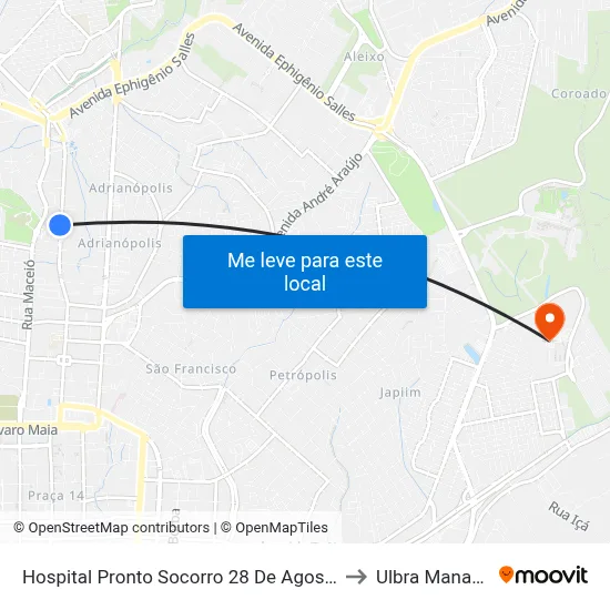 Hospital Pronto Socorro 28 De Agosto to Ulbra Manaus map